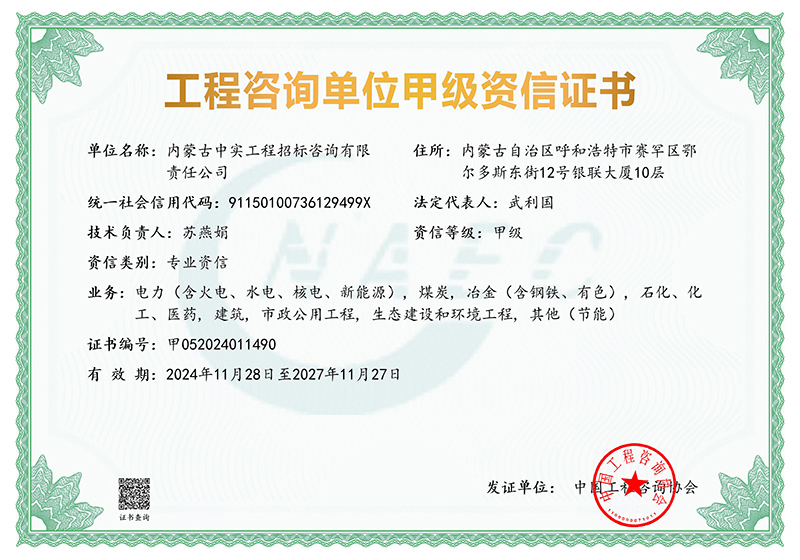 工程咨詢單位甲級(jí)專業(yè)資信證書